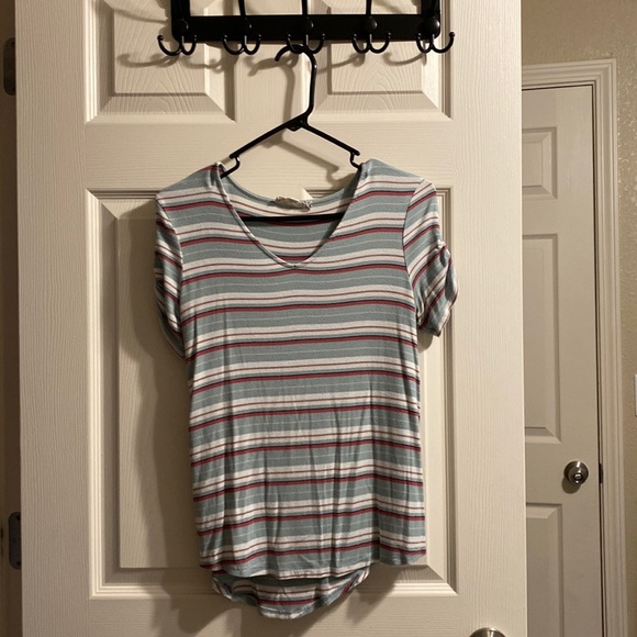 Light Blue, Pink and White Striped T-Shirt With Adjustable Scrunch Ties Sleeves - Picture 1 of 2